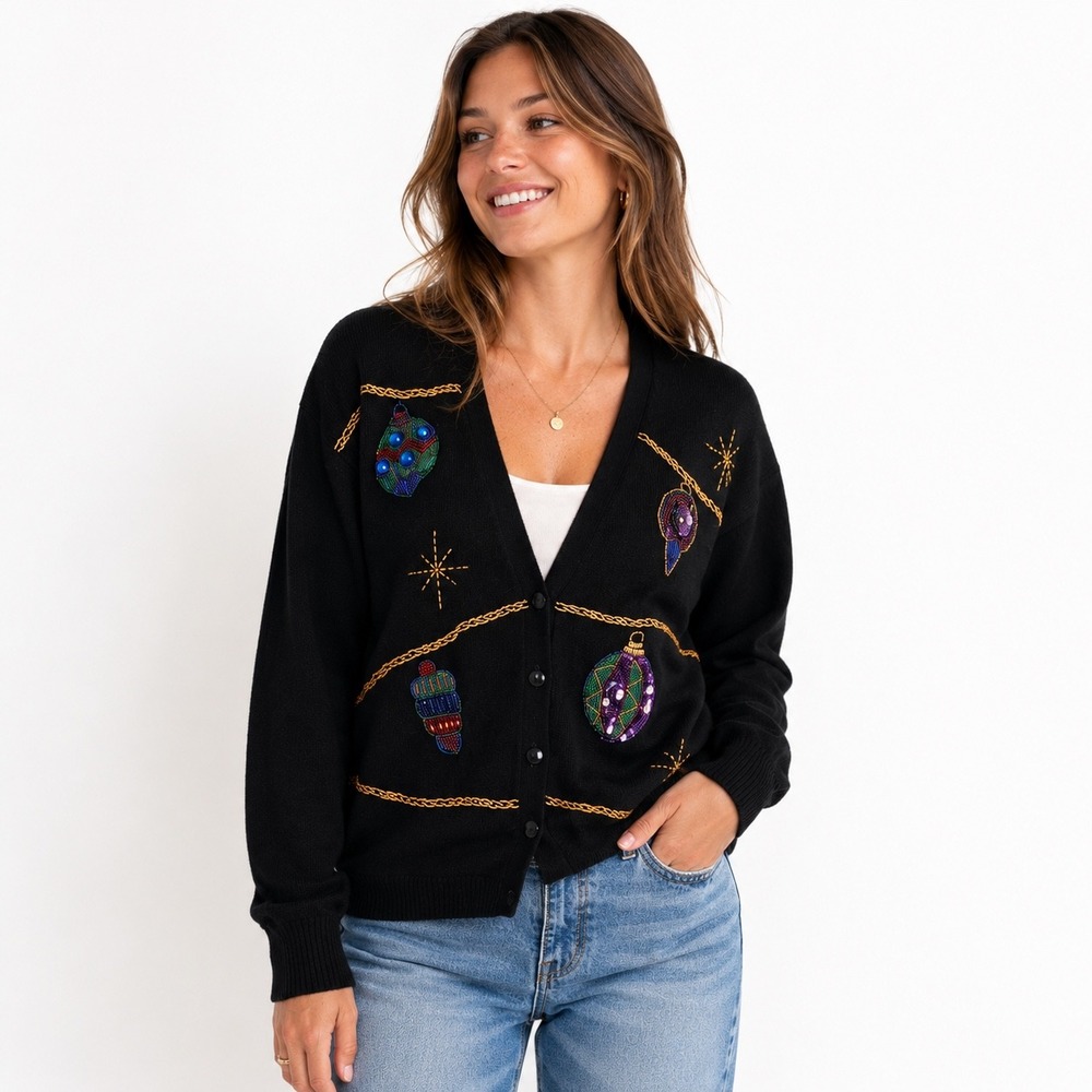 Vintage Robert Scott Christmas Ornament Beaded Cardigan Black Lambswool L